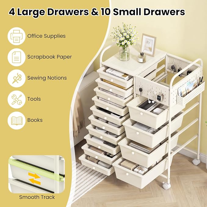 GOFLAME 14-Drawer Rolling Storage Cart with Pegboard, Craft Storage Cart with Lockable Wheels and Metal Frame, Multifunctional Art Cart Supply Storage Organizer for Home Office Classroom, White