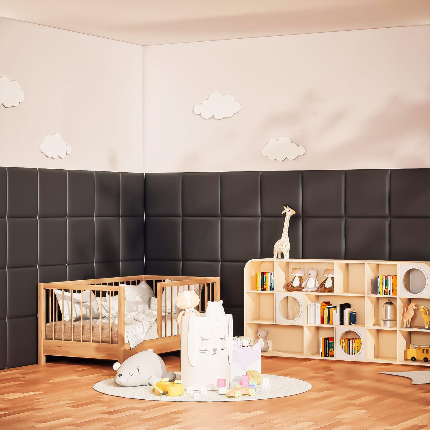 Umedol 3D Anti-Collision Wall Padding for Kids, Black Peel and Stick headboard Panels, Self-Adhesive Headboard Panels for Wall, Bedroom/Living Room Upholstered Wall Panel(12 Pack -11.8" x 11.8")