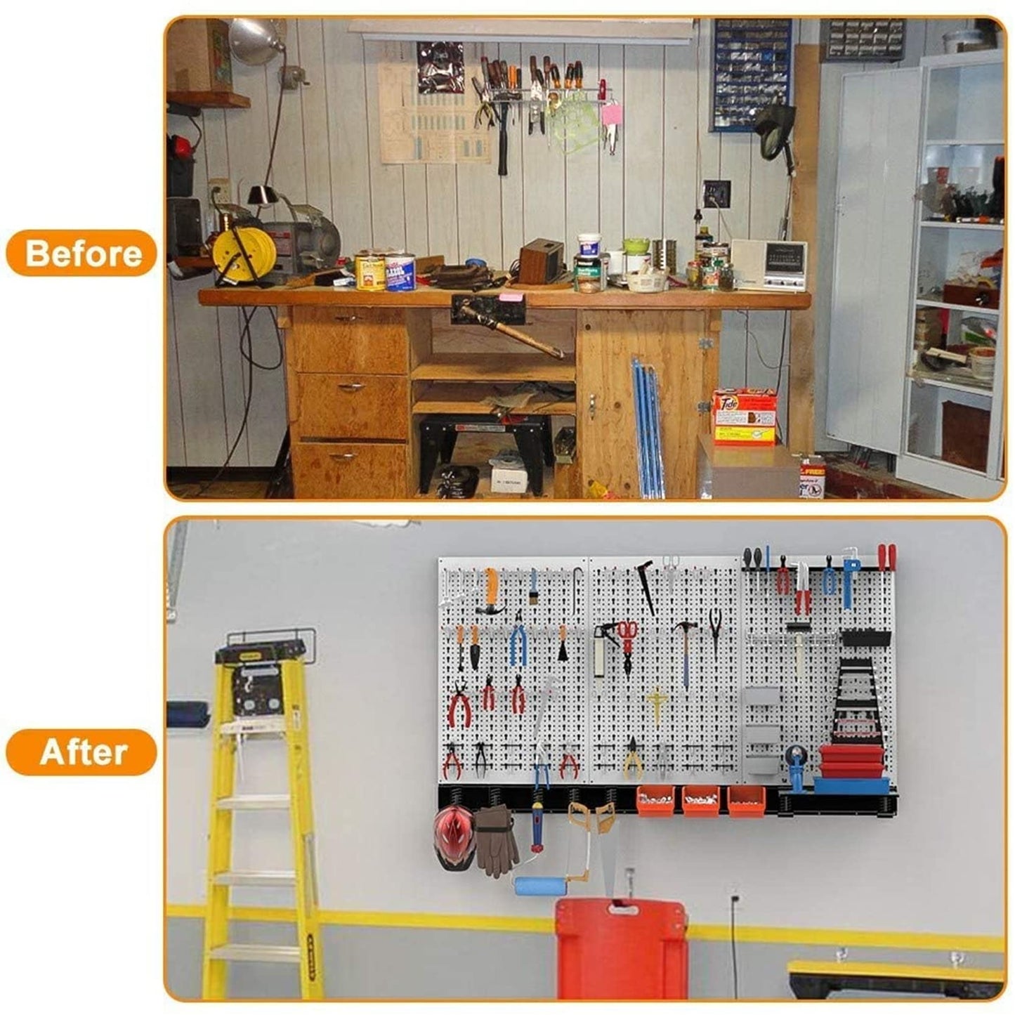 TORACK 109 PCS Pegboard Wall Organizer 4 ft. Garage Metal Pegboard Utility Tool Storage Kit w/Toolboard Hooks & Pegboard Hooks Accessories, Wall Mounted Storage Bins & Shelf