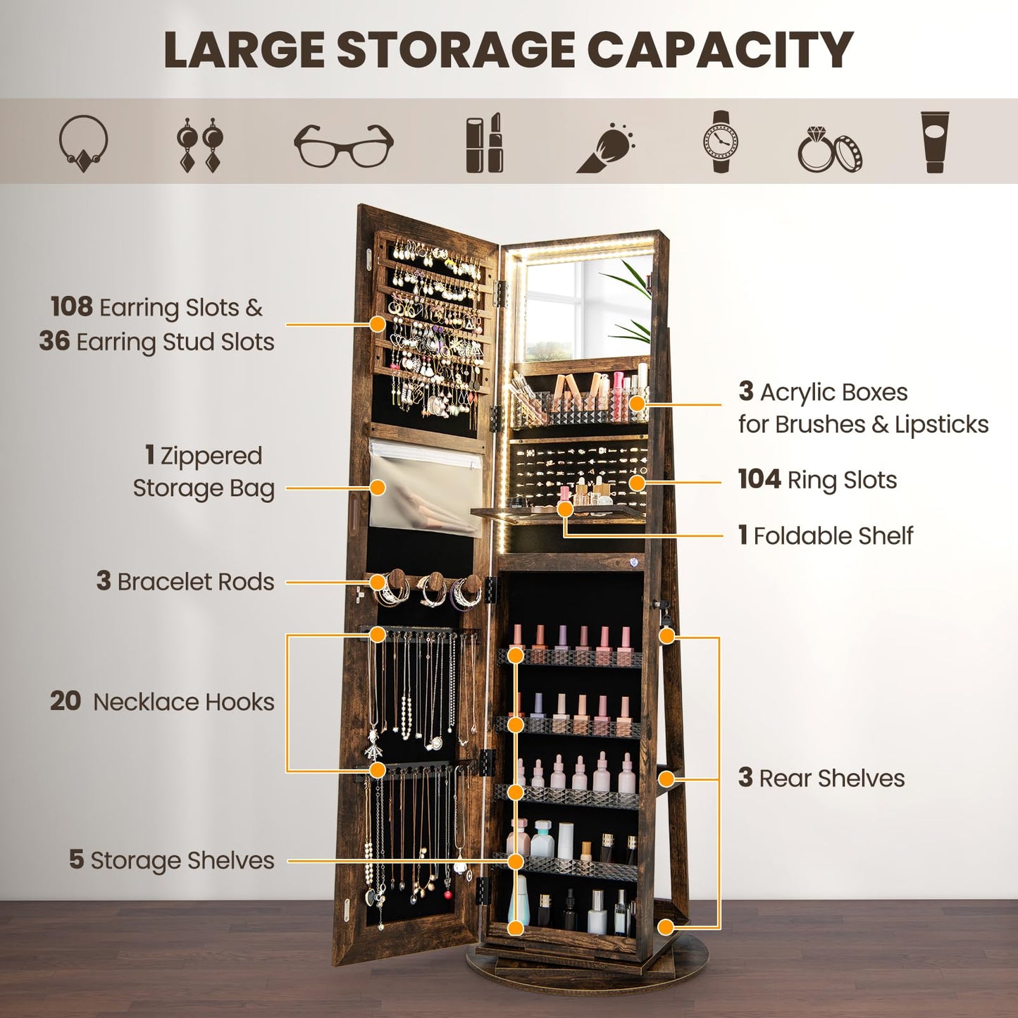 CHARMAID 360° Rotating Jewelry Armoire with LED Lighted Full Length Mirror & Built-in Vanity Mirror, Lockable Standing Jewelry Cabinet with Lights, Large Storage Organizer for Jewelry (Rustic Brown)