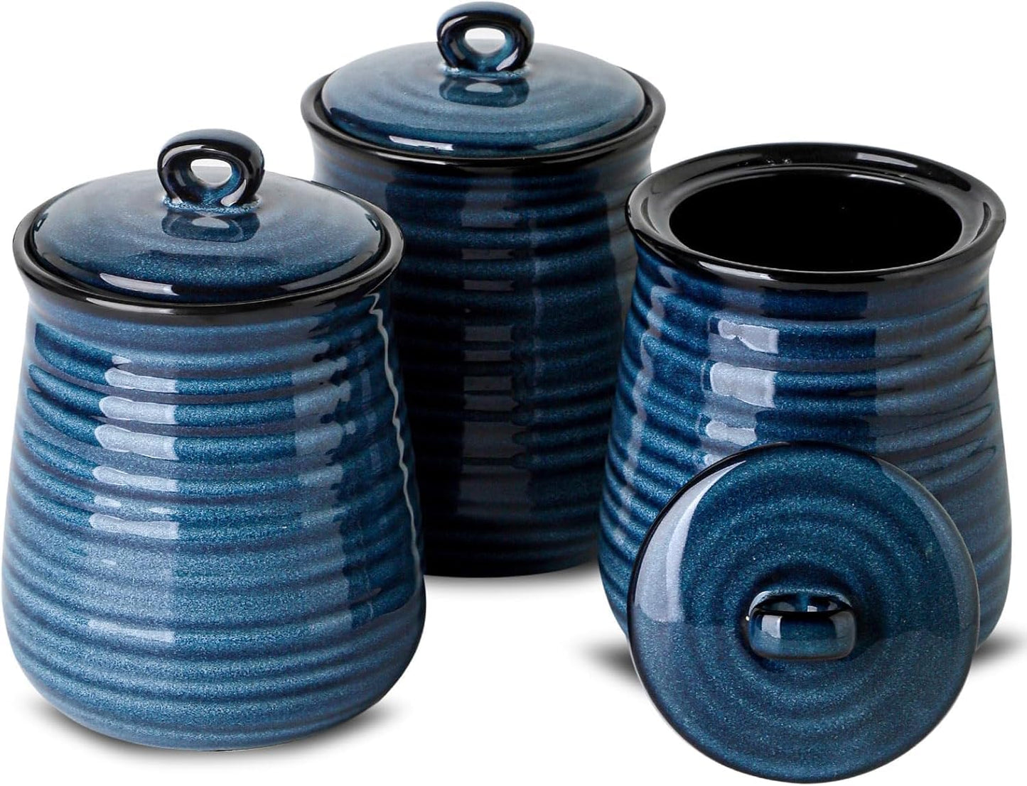 Tikooere Ceramic Food Storage Jars,25 Oz Porcelain Kitchen Canisters with Airtight Lids Set of 3,Flour Containers for Countertop,Farmhouse Decor Serving Ground Coffee,Tea,Sugar,Pasta and Rice,Blue