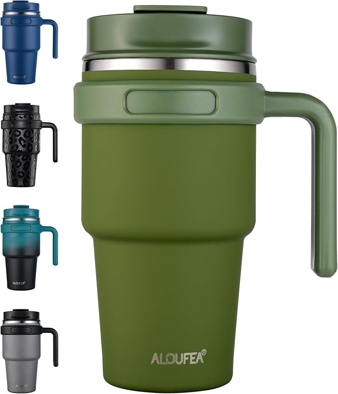 20 oz Insulated Coffee Mug Tumbler with Handle, Stainless Steel Travel Mug Tumbler with Lid and Straw,Double Wall Vacuum Leak Proof Ice Coffee Thermal Cup, Army Green