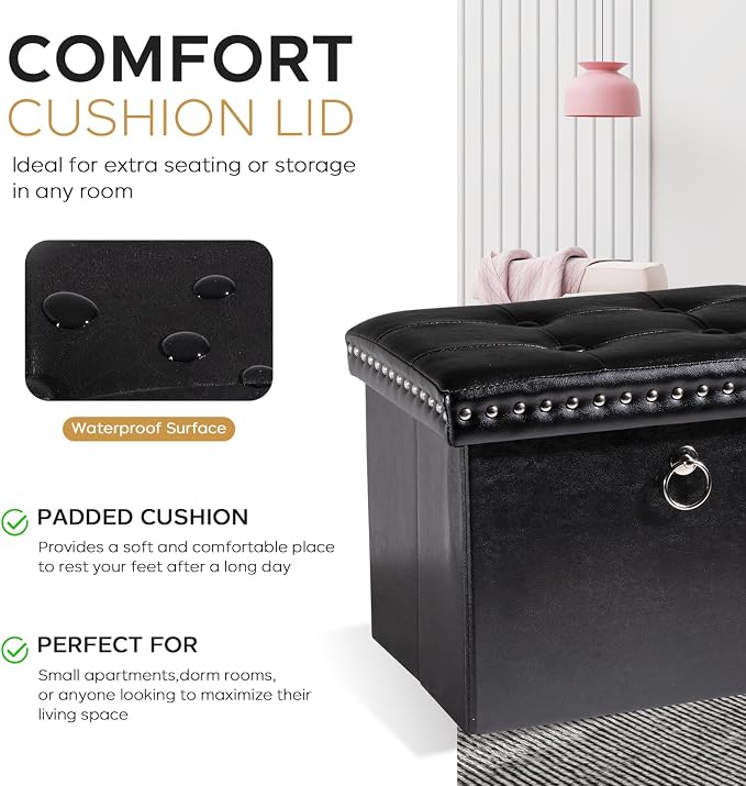 oakvivo Small Storage Ottoman Foot Rest Stool, 16x12x12 in Foldable Leather Footstool Storage Bench with Rivet Design, Thicker Foam Padded Seat, Footrest Under Desk for Living Room Bedroom, Black
