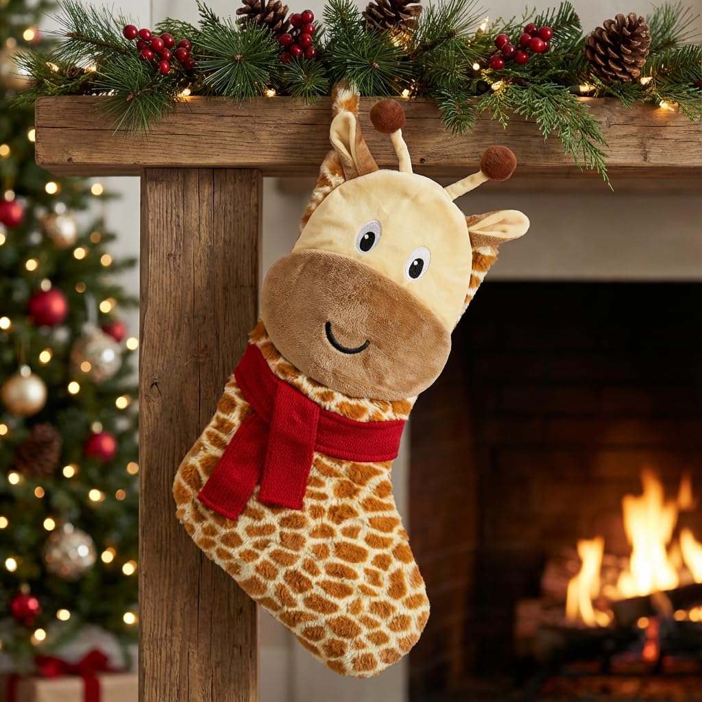 Valery Madelyn Christmas Stockings Decorations, 21 Inch Fabric Yellow Brown Giraffe Cute Plush Personalized Fireplace Hanging Ornament for Holiday Xmas Party Decor