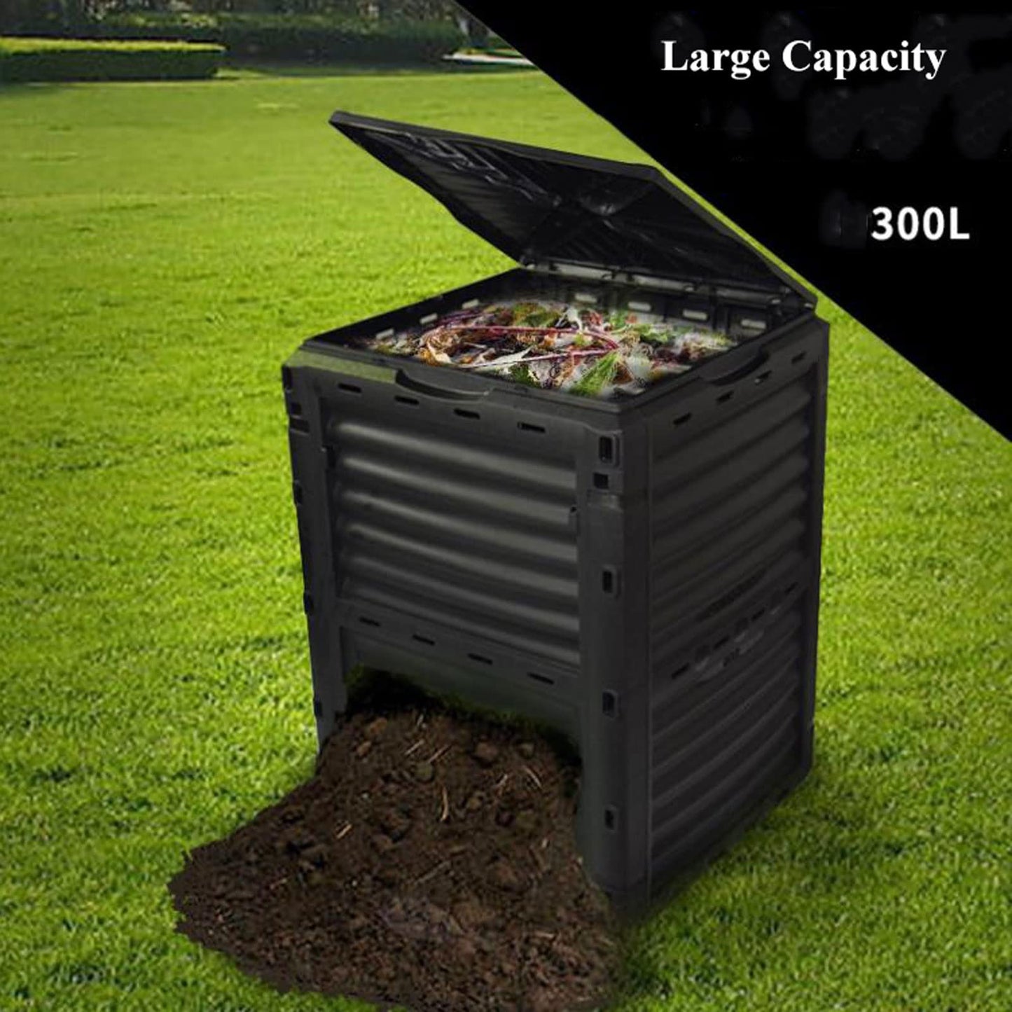 Kitchen Compost Bin, 300L(79 Gallons)Garden Composter Bin Made from Recycled Plastic, Large Compost Bin, Create Fertile Soil, Easy Assembly, Lightweight, Aerating Outdoor Compost Box ,Indoor Compost B