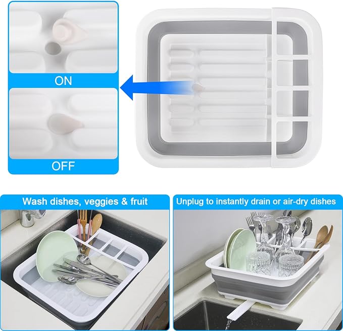 Collapsible Dish Drying Rack with Drain Plug Tube, Portable Dish Drainers for Kitchen Counter, Folding Dish Rack Over Sink Drying Dinnerware,Kitchen Sink Organizer Travel Trailer RV Camping Essentials