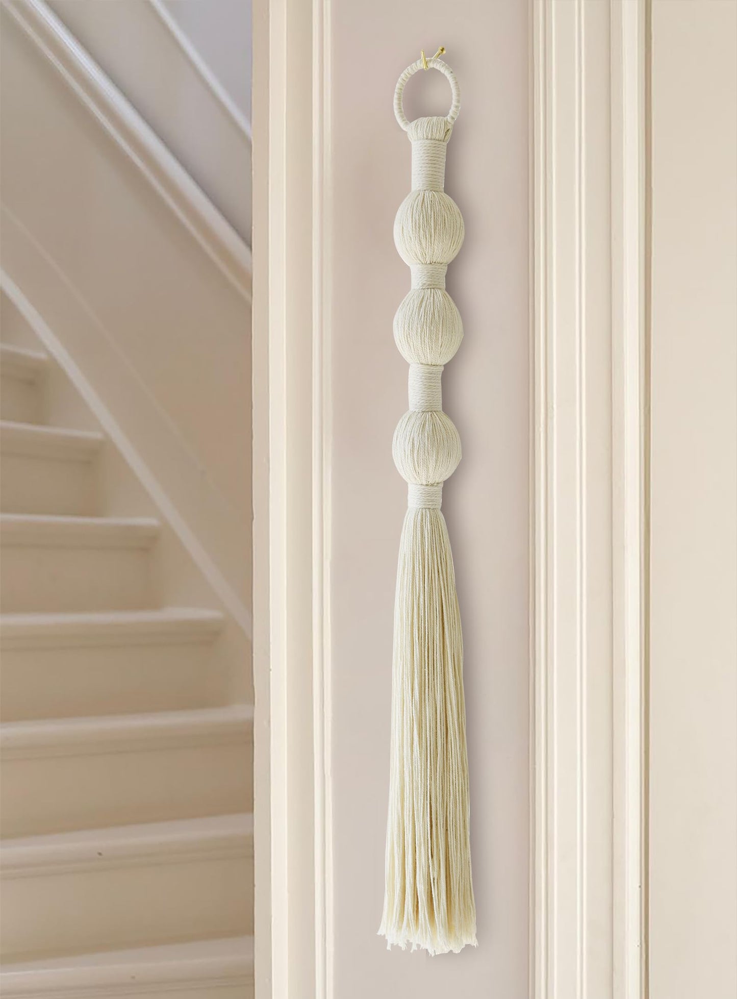 IOWER Macrame Wall Hanging Small Sphericity Cotton Textile Tassel Wall Hanging Fiber Yarn Art for Living Room Bedroom 27'' L x 2.3'' W