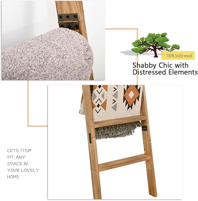 FUIN 5.5ft Wooden Blanket Ladder, Wood Towel Ladder, Rustic Decorative Ladder for Blankets, Farmhouse Quilt Rack for Living Room & Bathroom