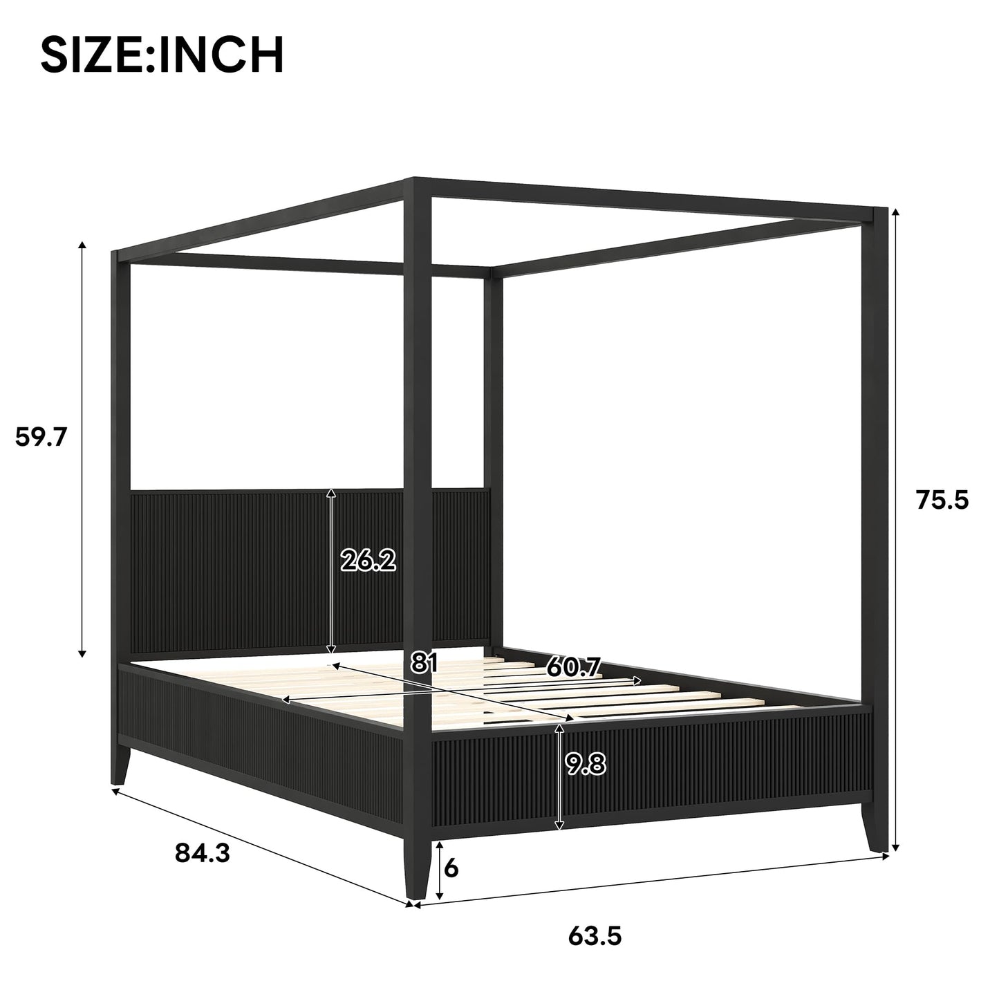 Merax Modern Luxury Queen Size Wooden Canopy Bed Frame with Headboard, Slats Support, Wood 4 Poster Bed Frame, No Box Spring Needed, Contemporary Bedroom Furniture, Black