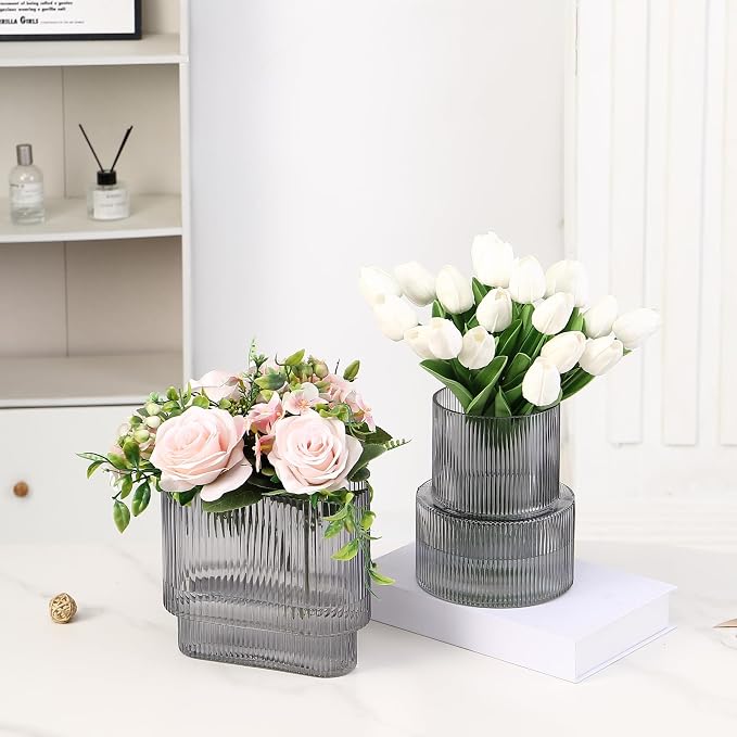 Black Glass Vases, Set of 2 Ribbed Vases for Flowers, Black Vase for Tulips, Modern Glass Vase for Living Room, Dining Table, Office, Entryway, Mantle, Bookshelf, Wedding Gifts