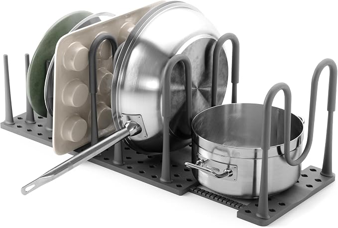Peggy Kitchen Drawer Cupboard Organizer Tray - Adjustable Storage System For Food Containers, Cookware, Serveware, Utensils and More, Large, Grey