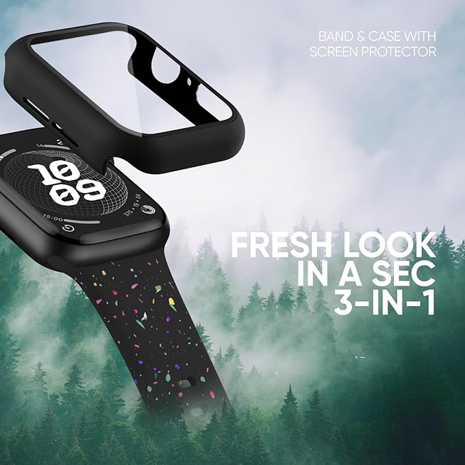 Compatible for Apple Watch Band 44mm 45mm and Case with Screen Protector, Soft Silicone Sport Strap Bands and Protective Cover with Tempered Glass for iWatch Series 9 8 7 SE 6 5 4