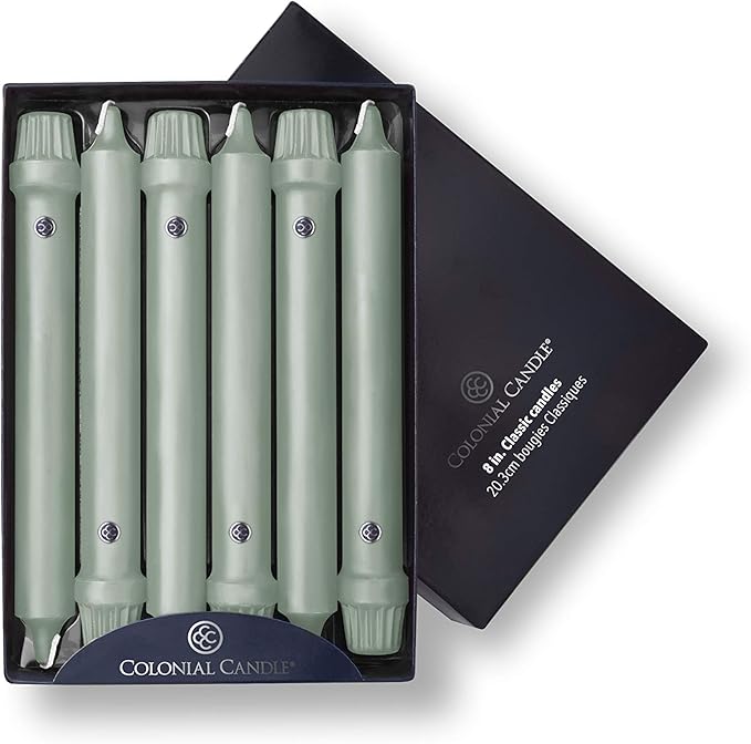 Colonial Candle Unscented Taper Candle, Classic Collection, Colonial Classic Green, 8 in, Pack of 12 - Up to 6 Hours Burn