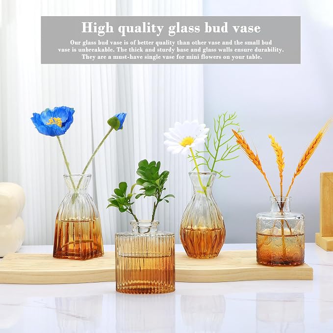 Mapoxy Glass Bud Vases Set of 4,Small Brown Flower Vases for Wedding Centerpiece Table Decorations,Clear Vintage Embossed Mini Vases,Flower Arrangements in Vases for Party or Home Decor