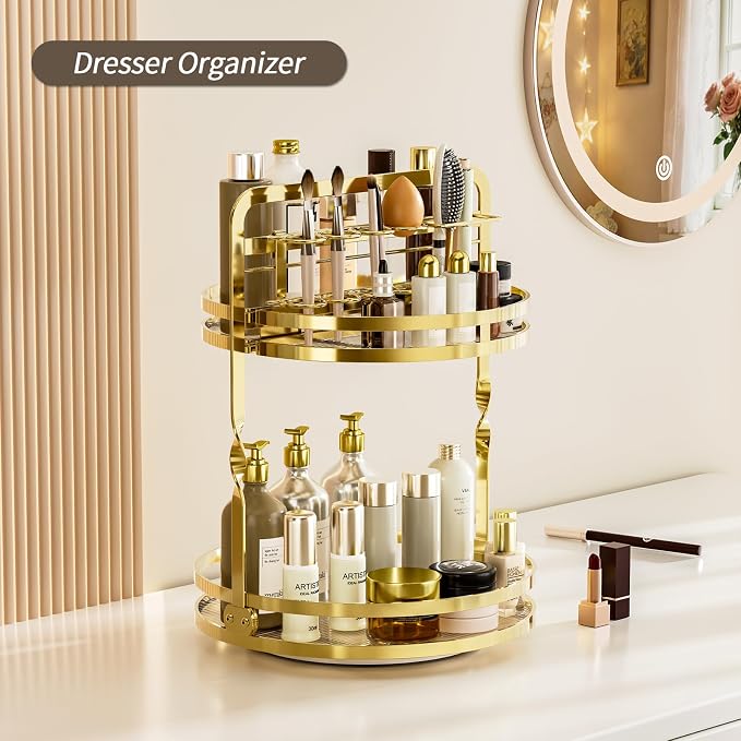 360° Rotating Makeup Organizer, 2-Tier Gold Perfume Organizer for Dresser, Bathroom Organizers Countertop, Perfume Shelf with Makeup Brush Holder, Skincare Holder Cosmetic Display(Gold)
