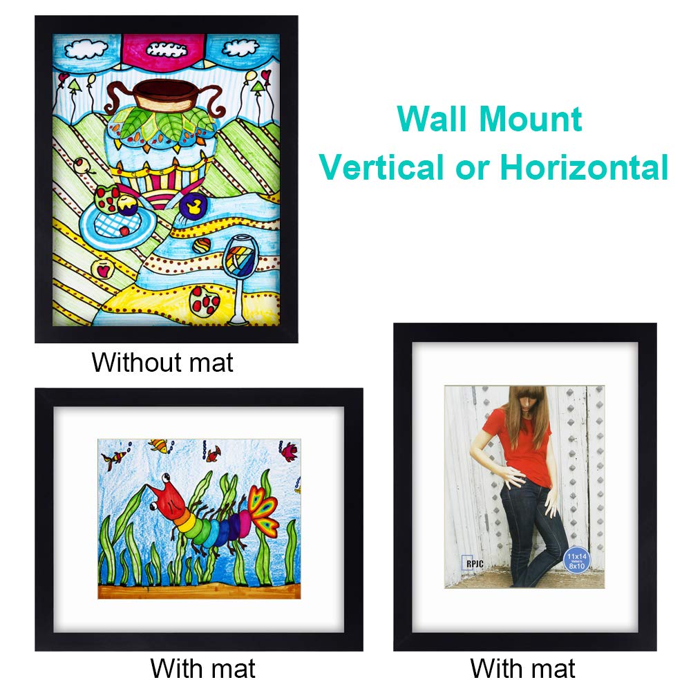 RPJC 11 x 14 Picture Frames Made of Solid Wood and High Definition Glass Display Pictures 8x10 with Mat or 11x14 Without Mat for Wall Mounting Photo Frame Black