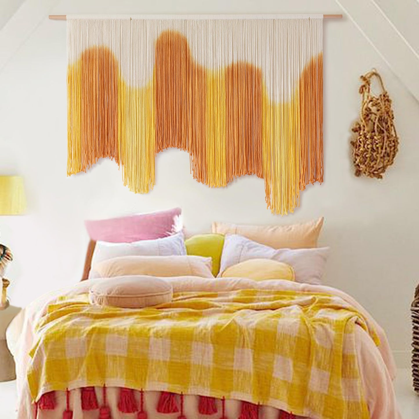 IOWER Macrame Wall Hanging Yellow Dip-Dyed Large For Living Room Boho Macrame Wall Decor 59" Wx37 L