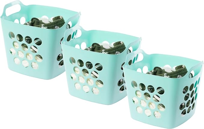 Flexible Plastic Carry Laundry Basket Holder Square Storage Hamper with Side Handles, Green Set of 3