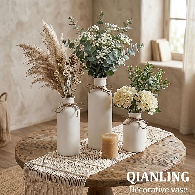 White Ceramic Vase Set - 3 Small Vases, Minimalist Decor Boho Vases, Modern Farmhouse Home Décor Accents, Living Room Centerpieces for Home Décor Room,Entryway, Bookshelf, Mantel, Shelf Décor