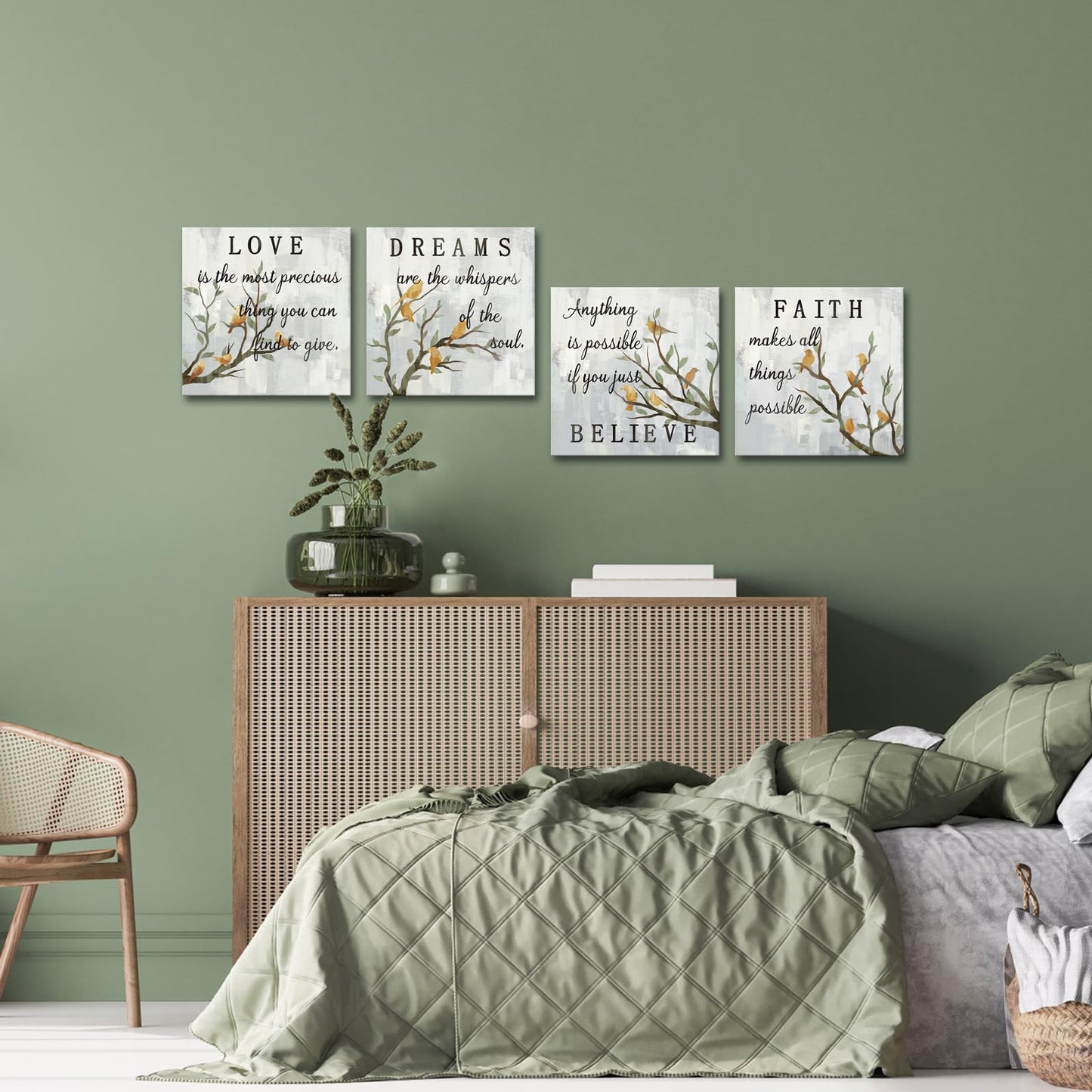 iKNOW FOTO Inspirational Wall Art Canvas Set of 4 Grey Canvas Print Faith Love Dreams Believe Calligraphy Canvas Quotes Motivational Posters for Home Office Decor Each Panel 16x16 Inches (Medium)