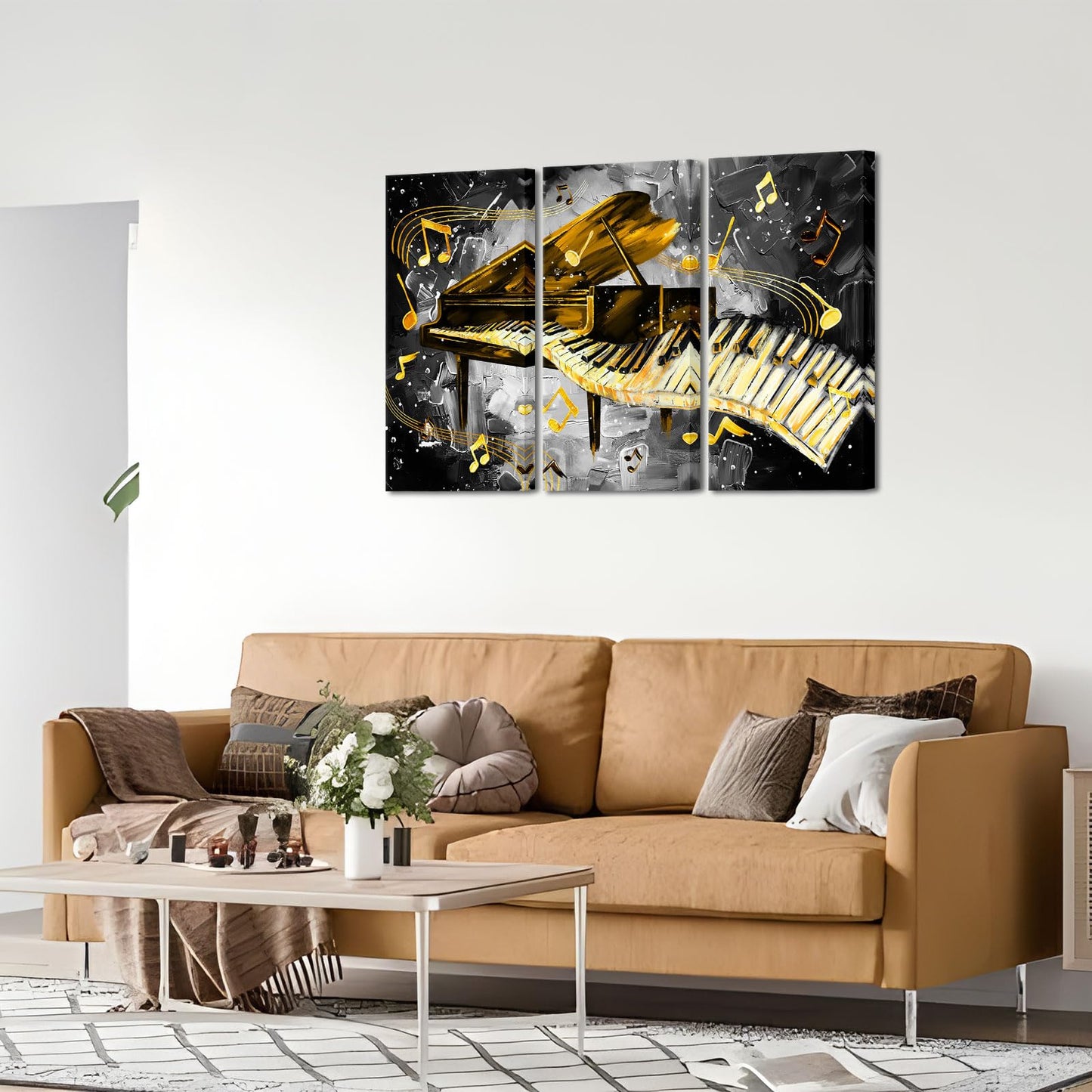 iHAPPYWALL 3 Pieces Piano Canvas Wall Art Black and Gold Music Picture Panting Prints Musical Notes Instrument Contemporary Artwork For Bedroom Classroom Decoration Ready to Hang