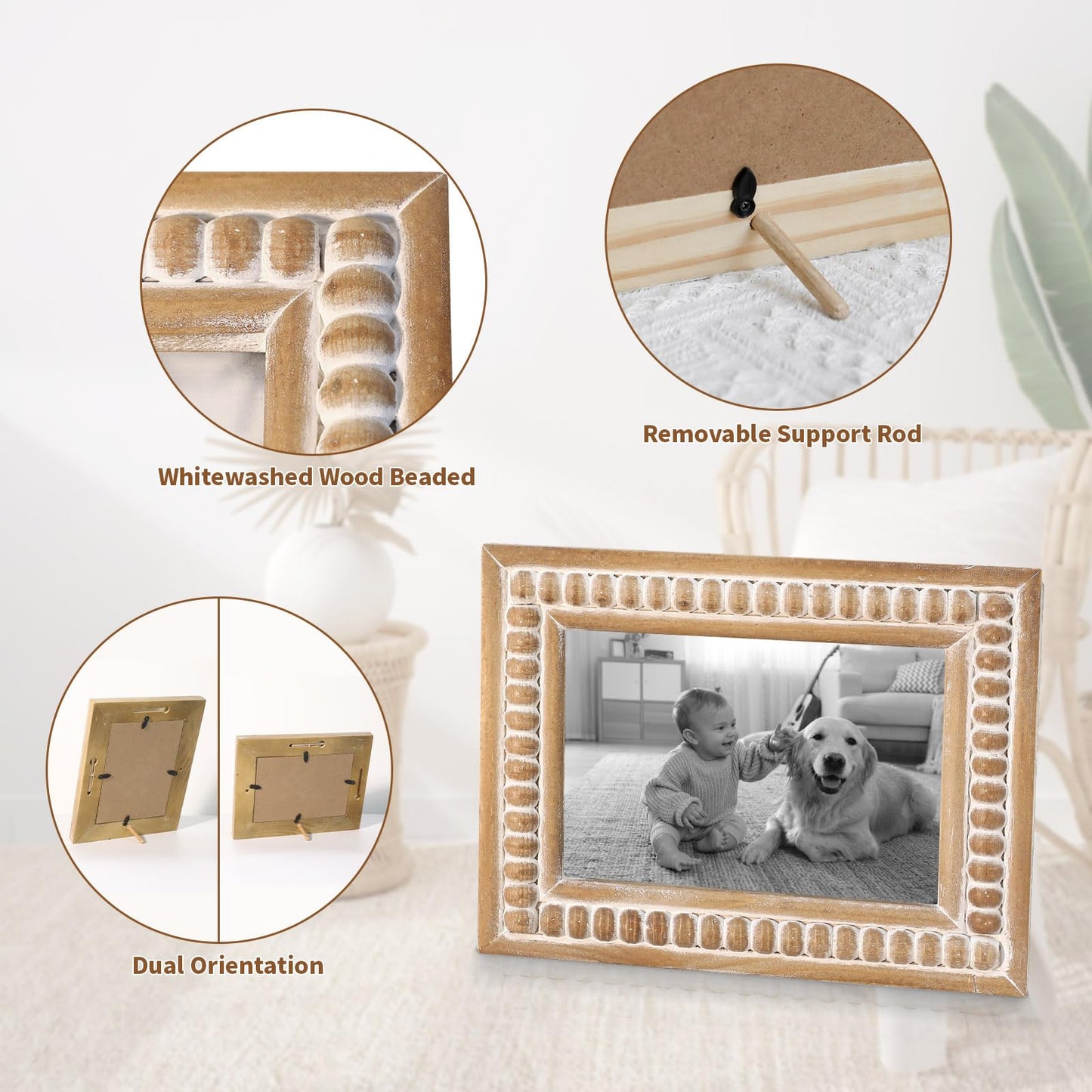 MACVAD Large Rectangular Natural Wood Picture Frame With Decorative Beads- Perfect for 5X7 Single Photos - Farmhouse Gift Idea for Family and Friends