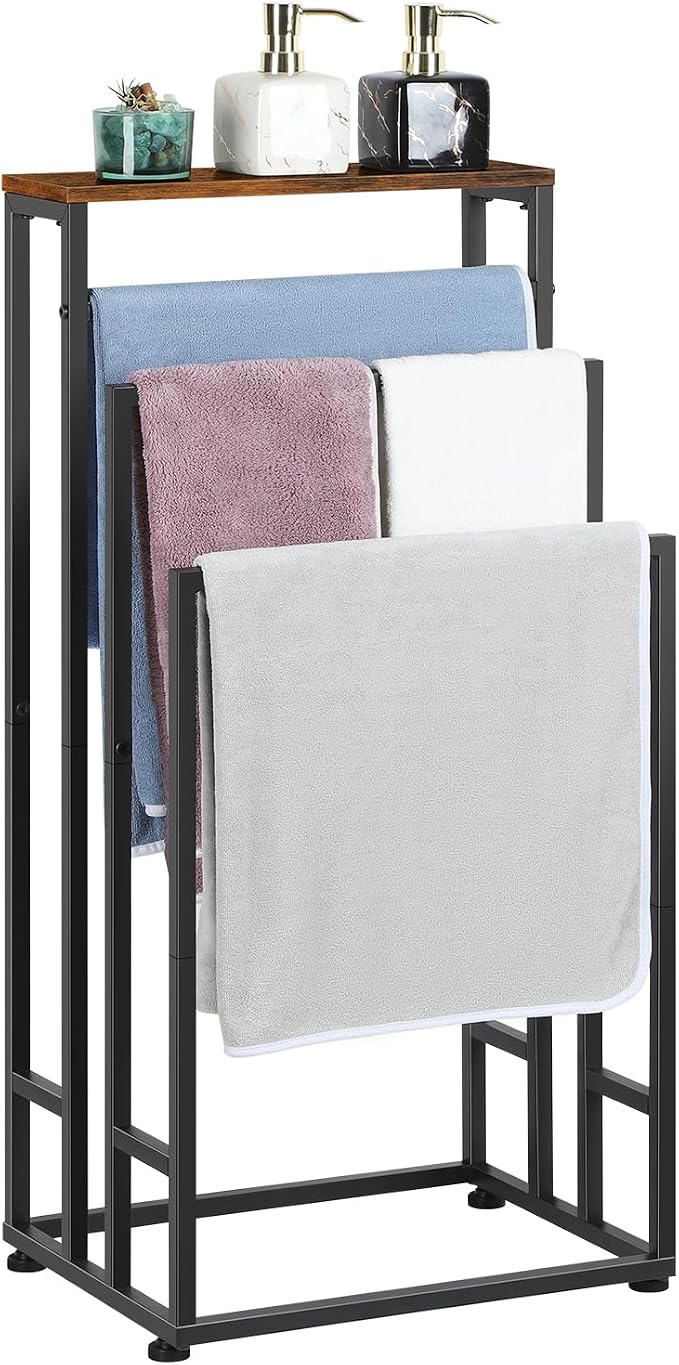 Bathroom Standing Towel Rack 3 Tier Metal Small Towel Holder Stand Farmhouse Blanket Ladder Holder with Storage Shelf for Bedroom Living Room, Black & Brown