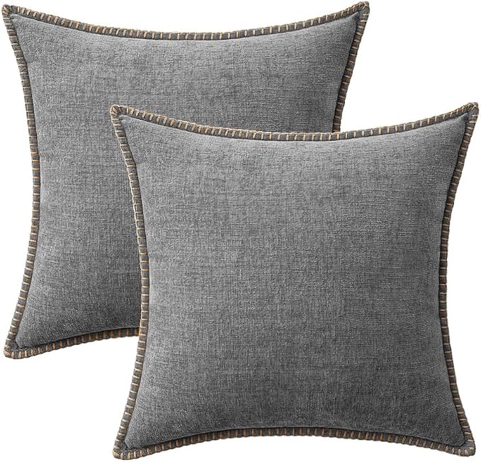 MIULEE Pack of 2 Couch Throw Pillow Covers 18x18 Inch Dark Gray Farmhouse Decorative Pillow Covers with Stitched Edge Soft Chenille Solid Dyed Pillow Covers for Sofa Bed Living Room