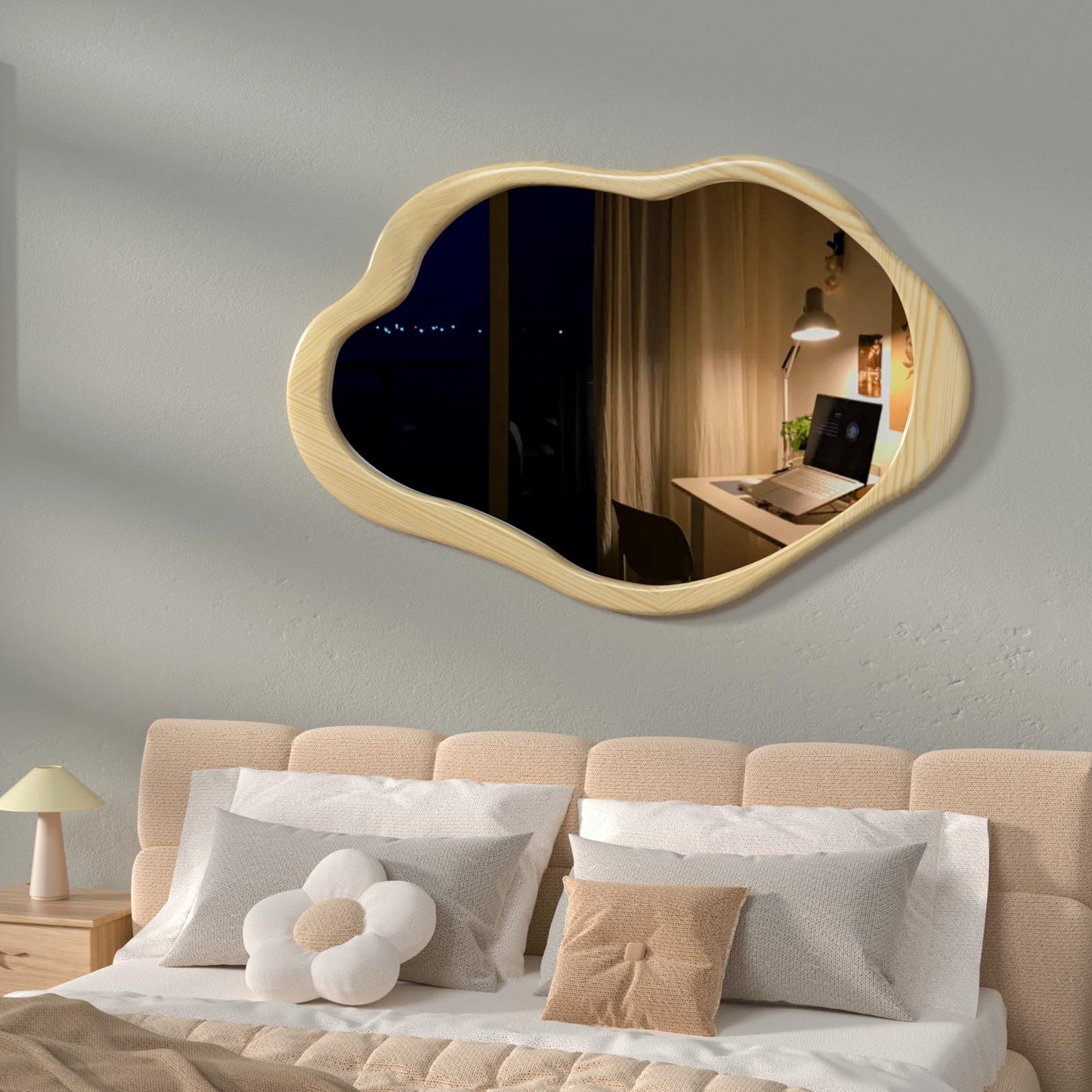 osemy 42"x 28" Irregular Wall Mirror, Natural Wood Framed Wall Mirror, Asymmetrical Wall Wavy Mirror for Living Room Bedroom Entryway Bathroom Modern Decorative Cloud Mirror Hanging Hooks