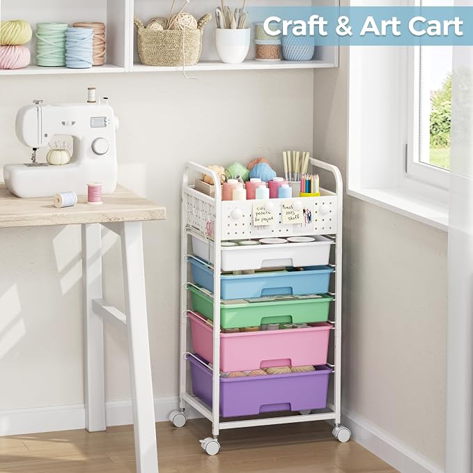 5 Drawer Rolling Storage Cart with Pegboard Top and Hooks, Mobile Organizer Cart with Wheels for Office Supplies, Craft Storage, Classroom Organization, Home Utility Cart, Ice Cream