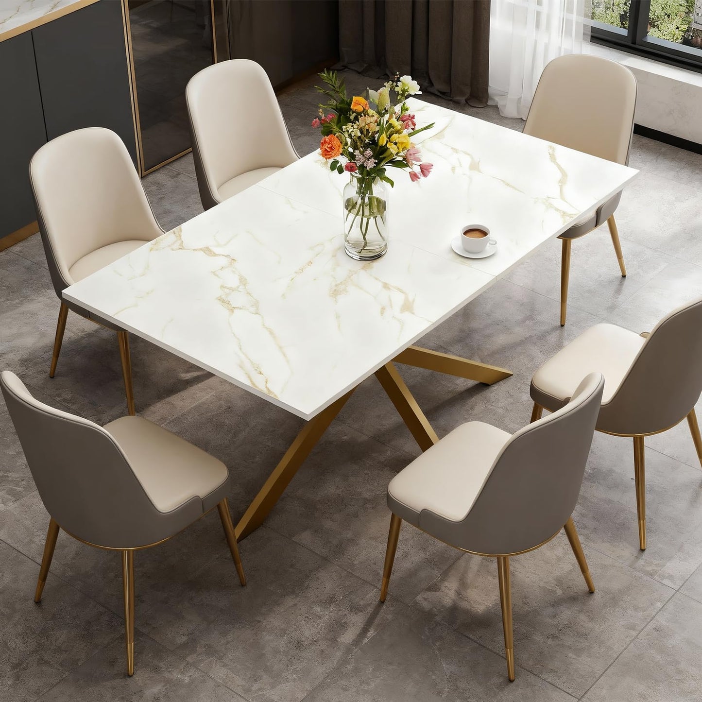 63"-79" Extendable Dining Table for 6-10 People, Modern Rectangle Extendable Kitchen Table with Gold Faux Marble Tabletop and Gold Metal Cross Legs for Restaurant/Dining Room/Kitchen/Living Room