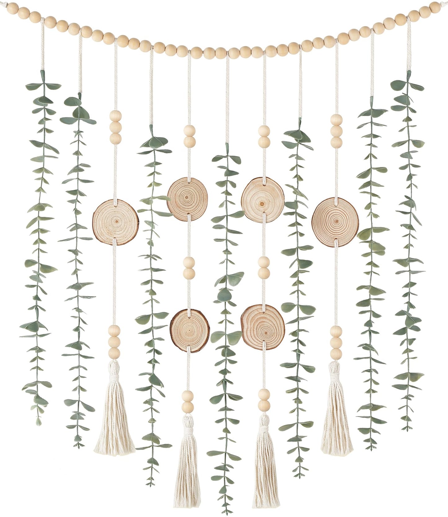 Dahey Hanging Artificial Plant Eucalyptus Wall Decor 31'' Wooden Bead Garland with Fake Greenery Leaves Boho Rustic Farmhouse Wall Art for Bathroom Office Living Dining Room Bedroom Kitchen Decoration