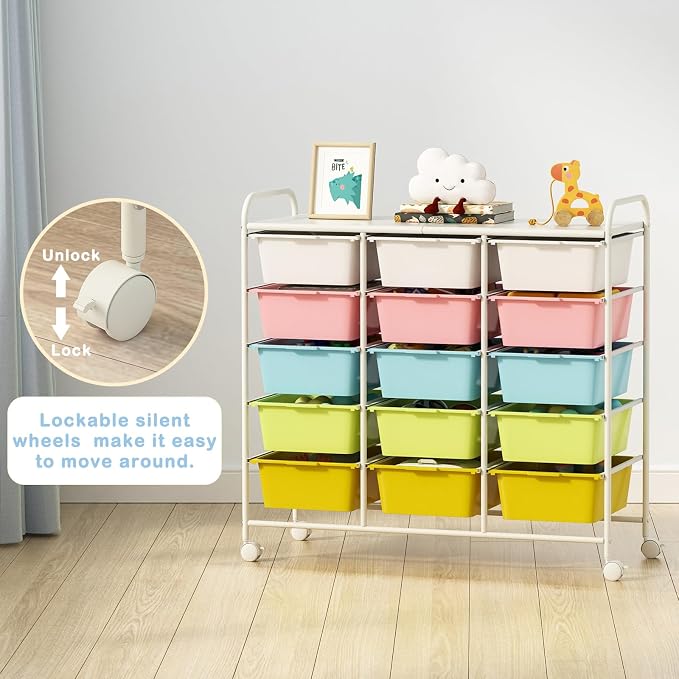 Ytaoka 15 Drawers Rolling Cart With Wheels, Plastic Storage Drawer With Metal Frame, Multipurpose Art Craft Organizer, Utility Cart for Home, Office, School, Multicolor