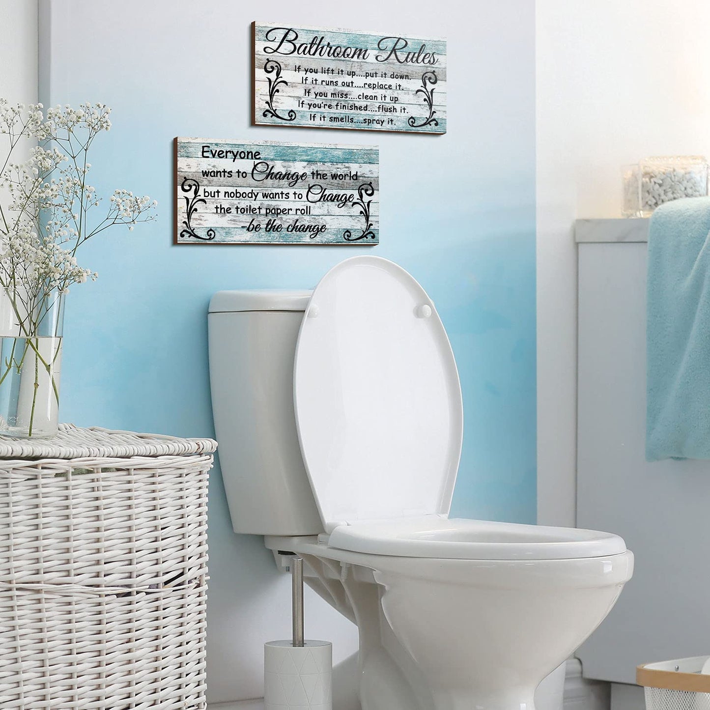Jetec 2 Pieces Funny Bathroom Signs Bathroom Wall Decor Toilet Wall Accessories Farmhouse Toilet Rustic Wooden Signs, 12x6 Inch(Chic Style)
