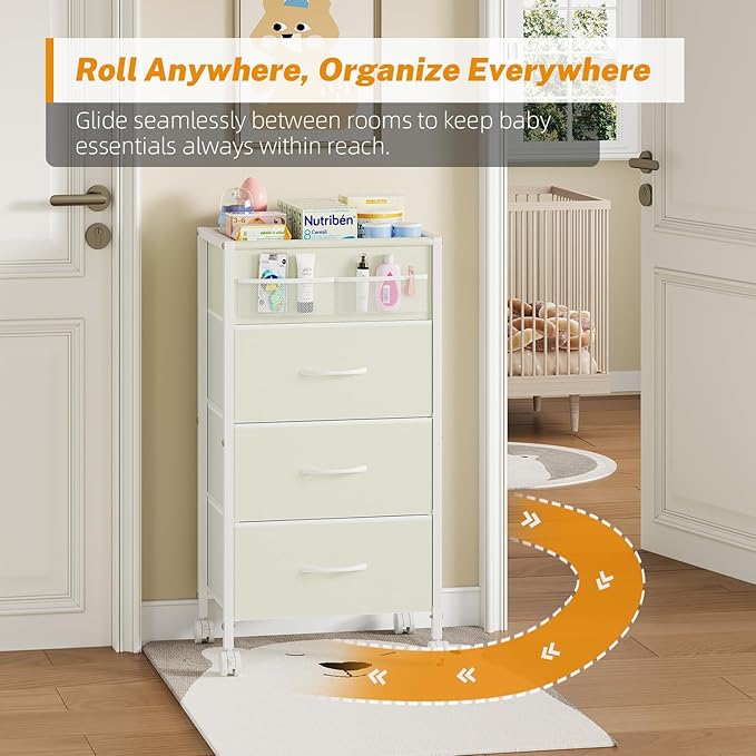 4-Tier Baby Diaper Caddy Organizer Cart with 3 Storage Drawers, Rolling Cart with Dividers & Side Pockets for Nursery, Baby Essentials, Toys, Wipes & Creams, Portable Kids Storage Cart & Station