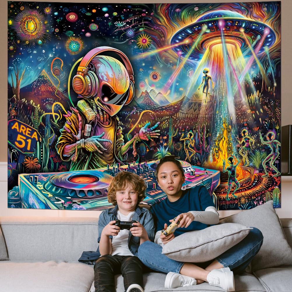 Galoker Blacklight Alien UFO Tapestry Trippy Galaxy Planet Tapestry UV Reactive Funny DJ Music Wall Tapestries Plant Cactus Tapestries Wall Hanging for Home Decor(51.2"x59.1")