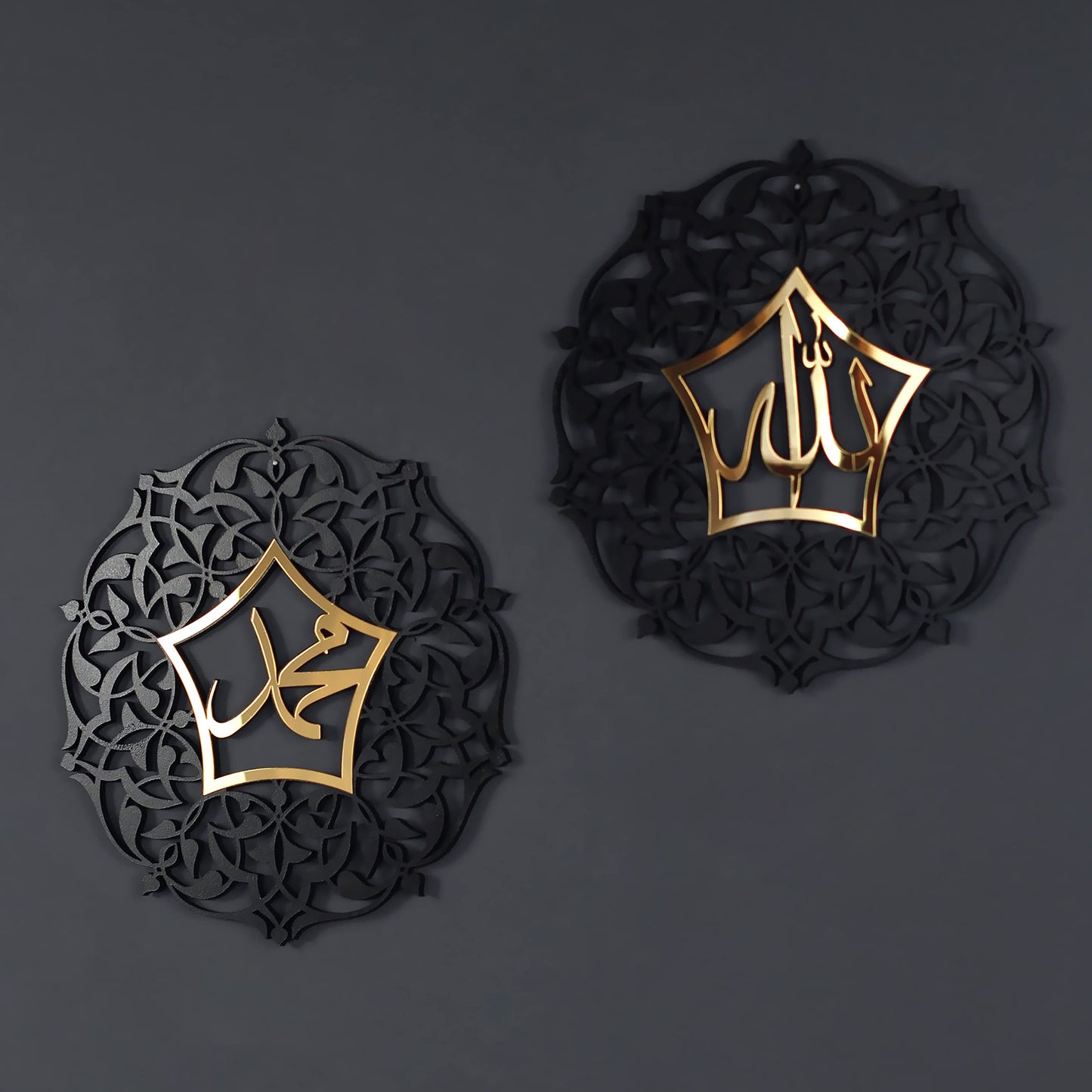 IWA CONCEPT Set of Allah (SWT) and Mohammad (PBUH) Acrylic/Wooden Islamic Wall Art | Ramadan Decoration | Islamic Home Decor | Muslim Gift | (12 x 12 inches | 30 x 30 cm, In Gold Out Black)