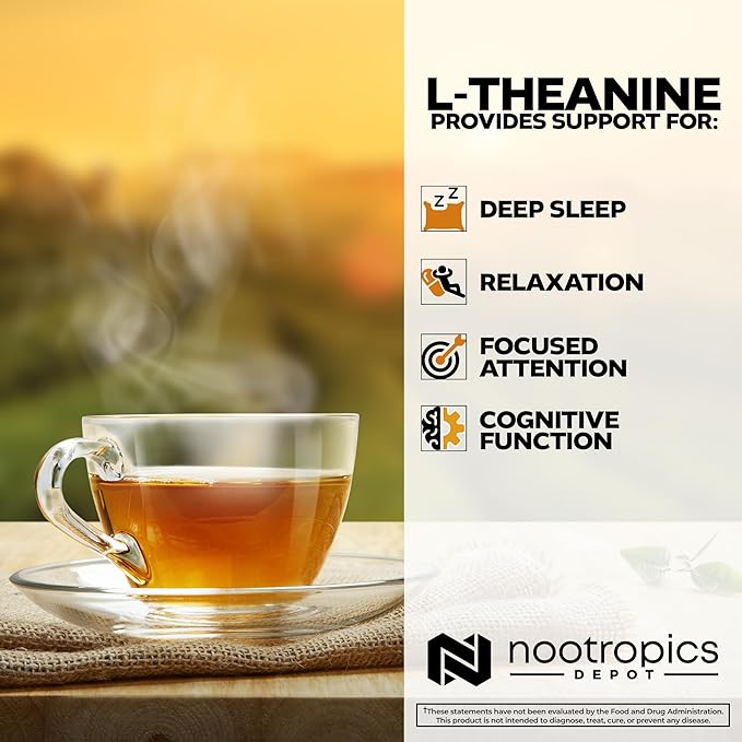 Nootropics Depot L-Theanine Capsules 200mg (180 Count) | Promotes Relaxation | Supports Healthy Stress Levels + Sleep Cycles | Promotes Cognitive Function + Focus | Amino Acid Supplement