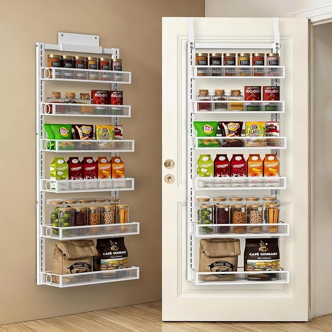 Over the Door Pantry Organizer 6 Tier Hanging or Wall Mounted Spice Rack with Adjustable Basket,Heavy Duty Metal Seasoning Organizer Shelf for Kitchen Pantry and Bathroom