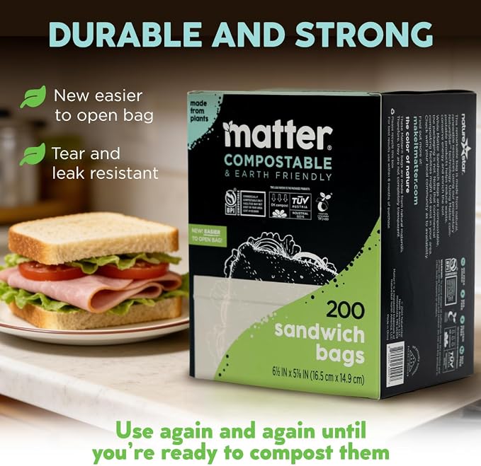 Matter Compostable Sandwich Bags for Food Storage, Eco-Friendly, Resealable, 200 Count