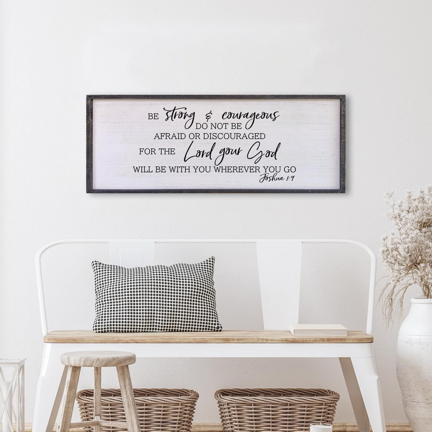 Be Strong And Courageous Sign Wall Decor 40"x15" Large Farmhouse Living Room Plaque Joshua 1:9 Bible Verse Inspirational Quote Positive Faith Home Hanging Rustic Catholic Scripture Christian Art (Black)
