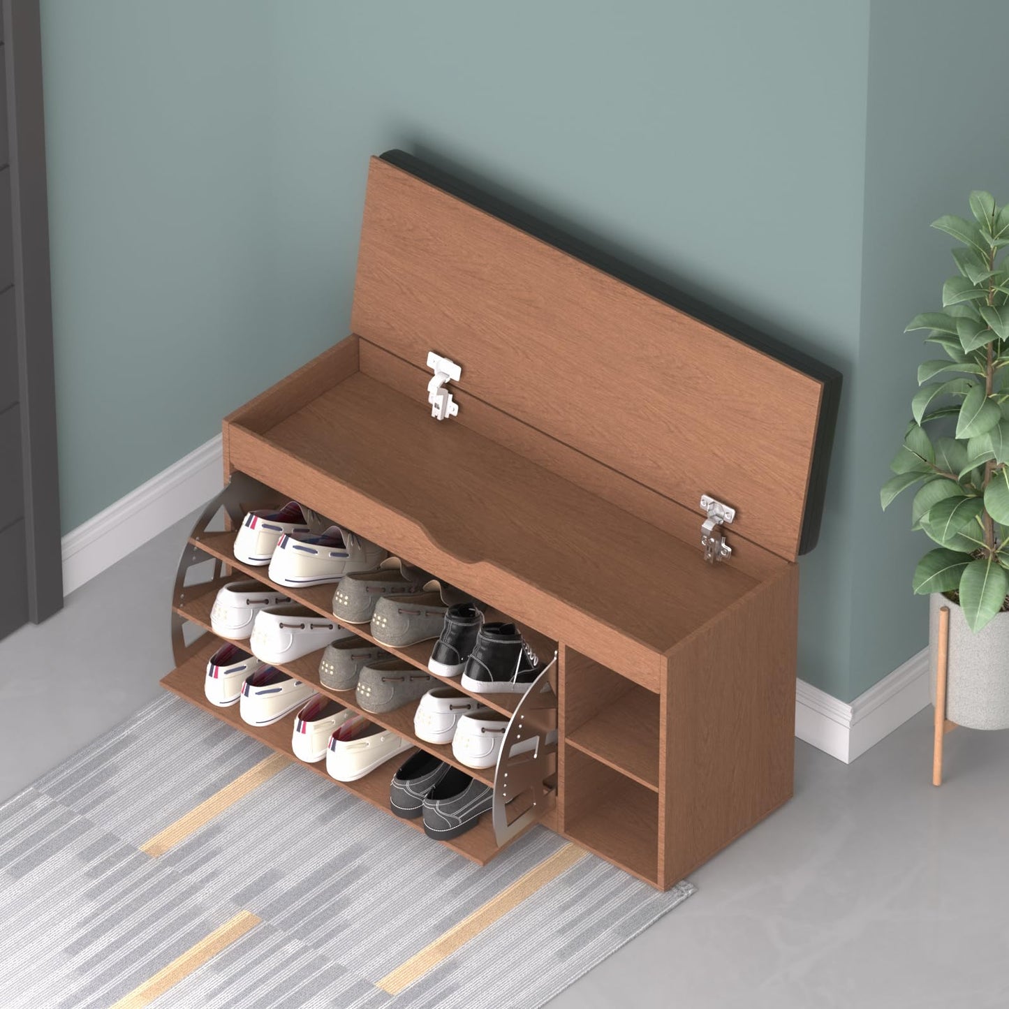 HOMEMORE Shoe Storage Bench Entryway Shoe Bench with Adjustable 3-Tier Flip-Up Shoe Rack Wooden Shoe Cabinet with Seat Cushion for Hallway Living Room