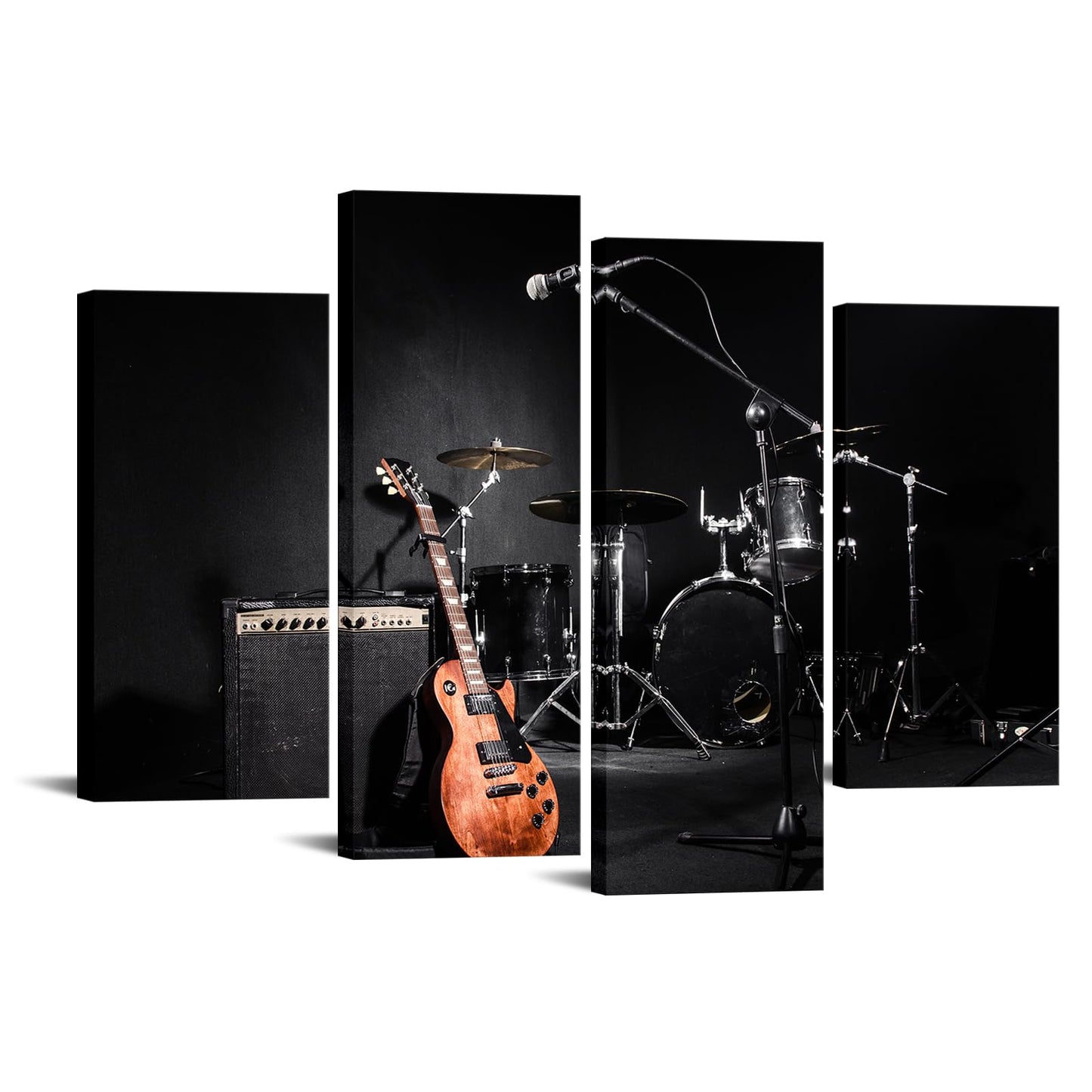 Canvbay 4 Piece Music Wall Art Rock Band Guitar Shelf Drum Set Picture Prints on Canvas Musical Instrument in Black Background Modern Artwork Decor for Living Room Bedroom Man Cave Home Studio