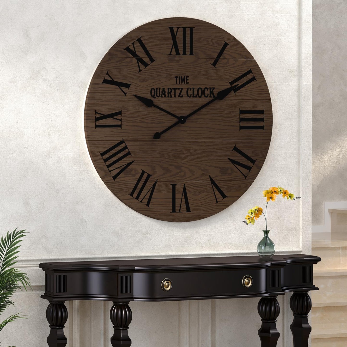 ARTPOWER Large Farmhouse Wall Clock, 35.5” Shiplap Wall Clock with Roman Numeral, Nearly Non-Ticking, Round Wall Clocks for Living Room Decor, Office, Bedroom, Entrance, Brown