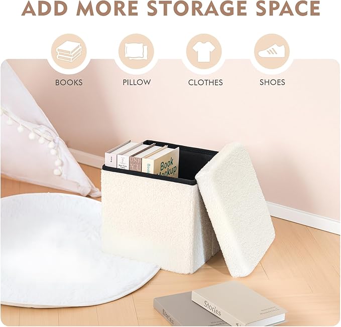 B FSOBEIIALEO Small Storage Ottoman Cube Sherpa Ottomans Foot Rest, Foldable Boucle Ottoman, Faux Teddy Fur, Cream White 12.6"x12.6"x12.6"