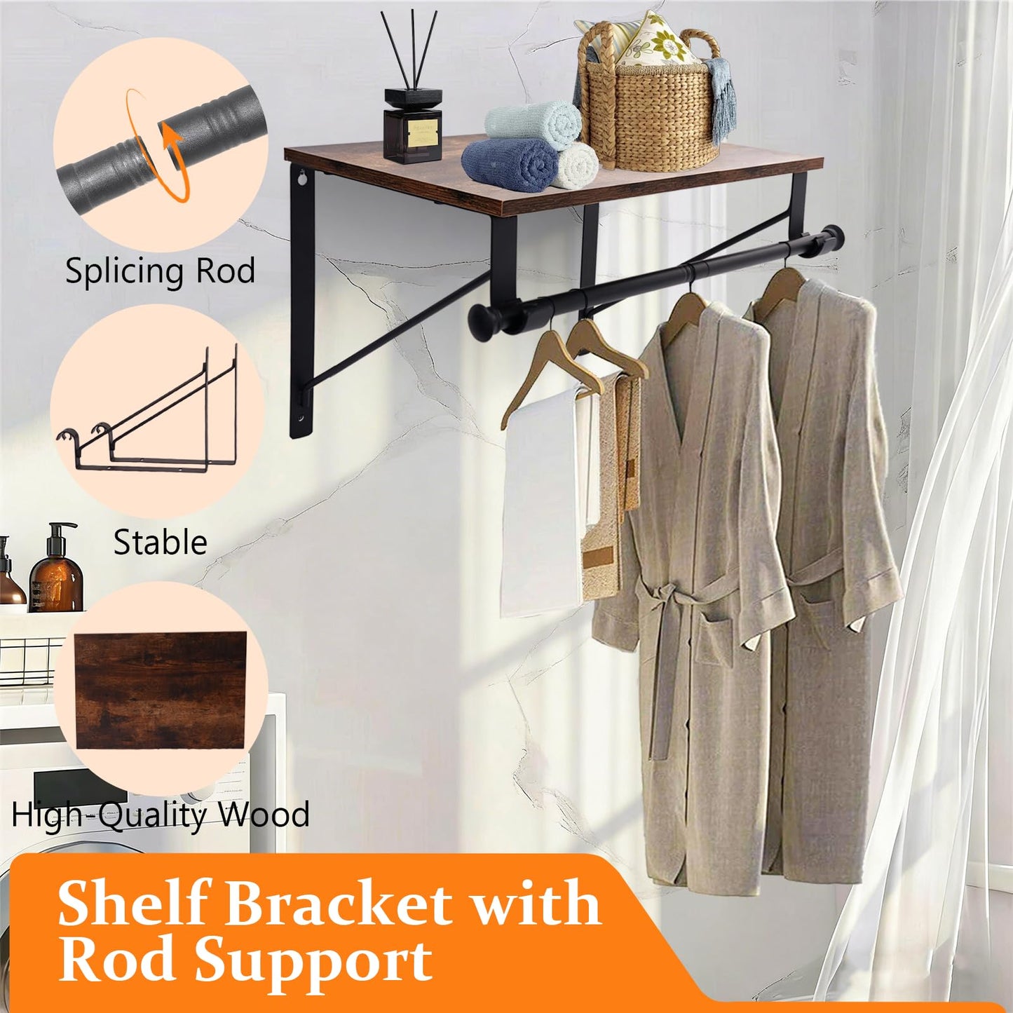 Wall Mounted Closet Organizer with Adjustable Hanging Rod and Storage Shelf, Heavy Duty Closet Shelf with Hanging Rod, Space Saving Wall Hanging Rack for Bedroom, Bathroom, Laundry Room, Kitchen