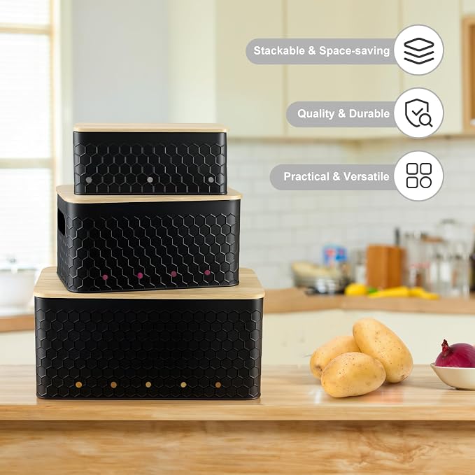 Kitchen Vegetable Storage Set of 3, Metal Onion Garlic Potato Storage Set, Kitchen Canisters Vegetable Keeper Containers with Aerating Holes and Bamboo Lid,Embossed Black
