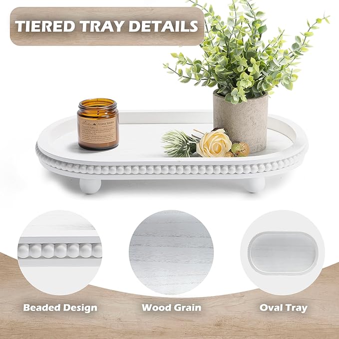 SYNCVIBE Wooden Decorative Tray for Home Decor, Beaded White Oval Tray Decor for Coffee Table, Rustic Wood Serving Trays Farmhouse Centerpieces for Living Room Kitchen Counter (White Oval)