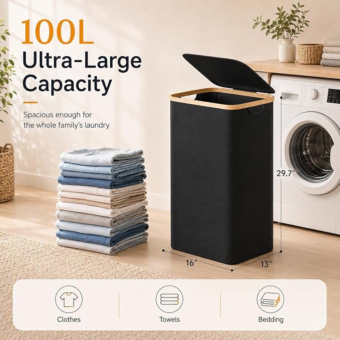 Foluck 100L Laundry Hamper with Lid Removable Bag and Bamboo Handles | Waterproof Self-locking Inner Bag, 3 Different Handles, 600D Cationic Cloth, for Dorm Bedroom Bathroom