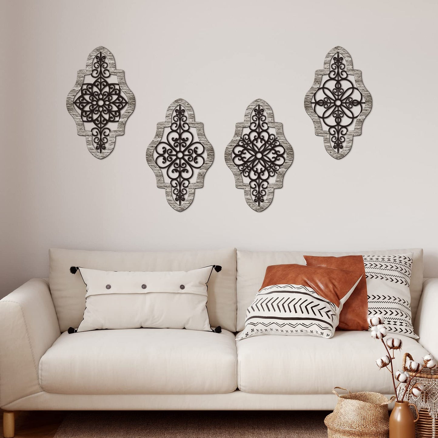 4 Pieces Thicken Rustic Wood Wall Decor Modern Farmhouse Wall Art Decor Wooden Hollow Carved Design Rustic Art for Living Room Bedroom Office Kitchen (Classic Style)